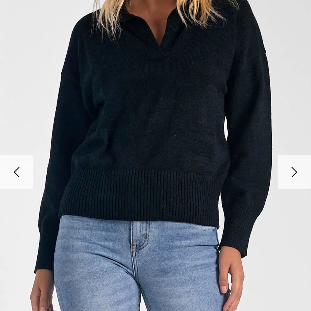 Black Vneck Johnny Collar Polo Sweater by ELAN